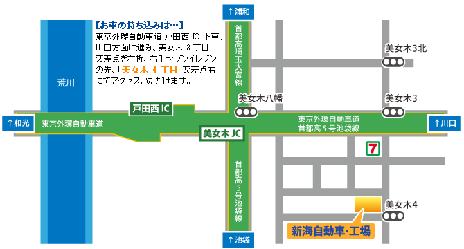 お車の持ち込みについて。東京外環自動車道、戸田西インターチェンジ下車、川口方面に進み、美女木3丁目交差点を右折、右手セブンイレブンの先、「美女木4丁目」交差点右にてアクセスいただけます。